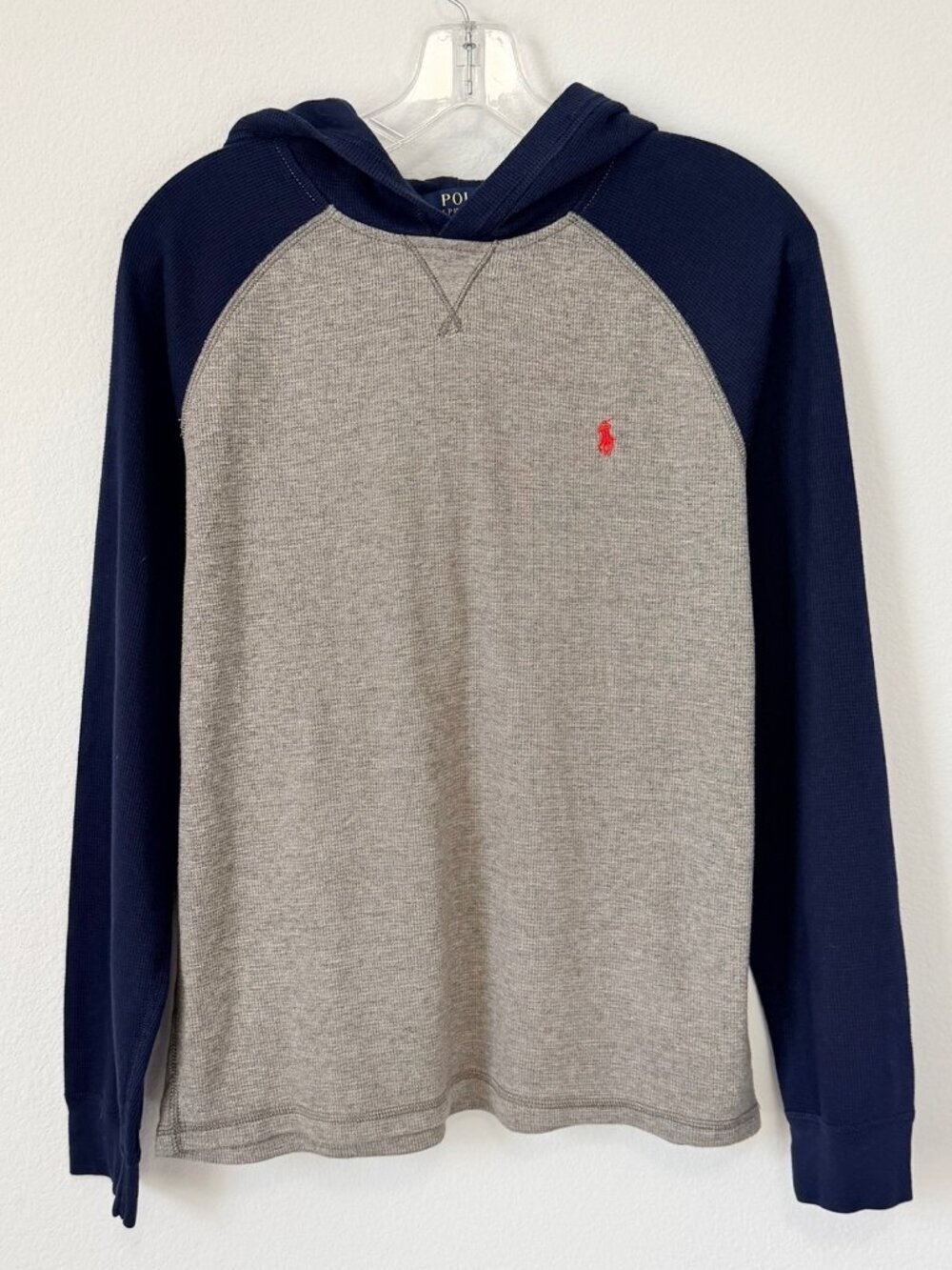 Polo Ralph Lauren Blue/Gray Long Sleeve Hooded Waffle Knit Shirt Size XL (18-20)